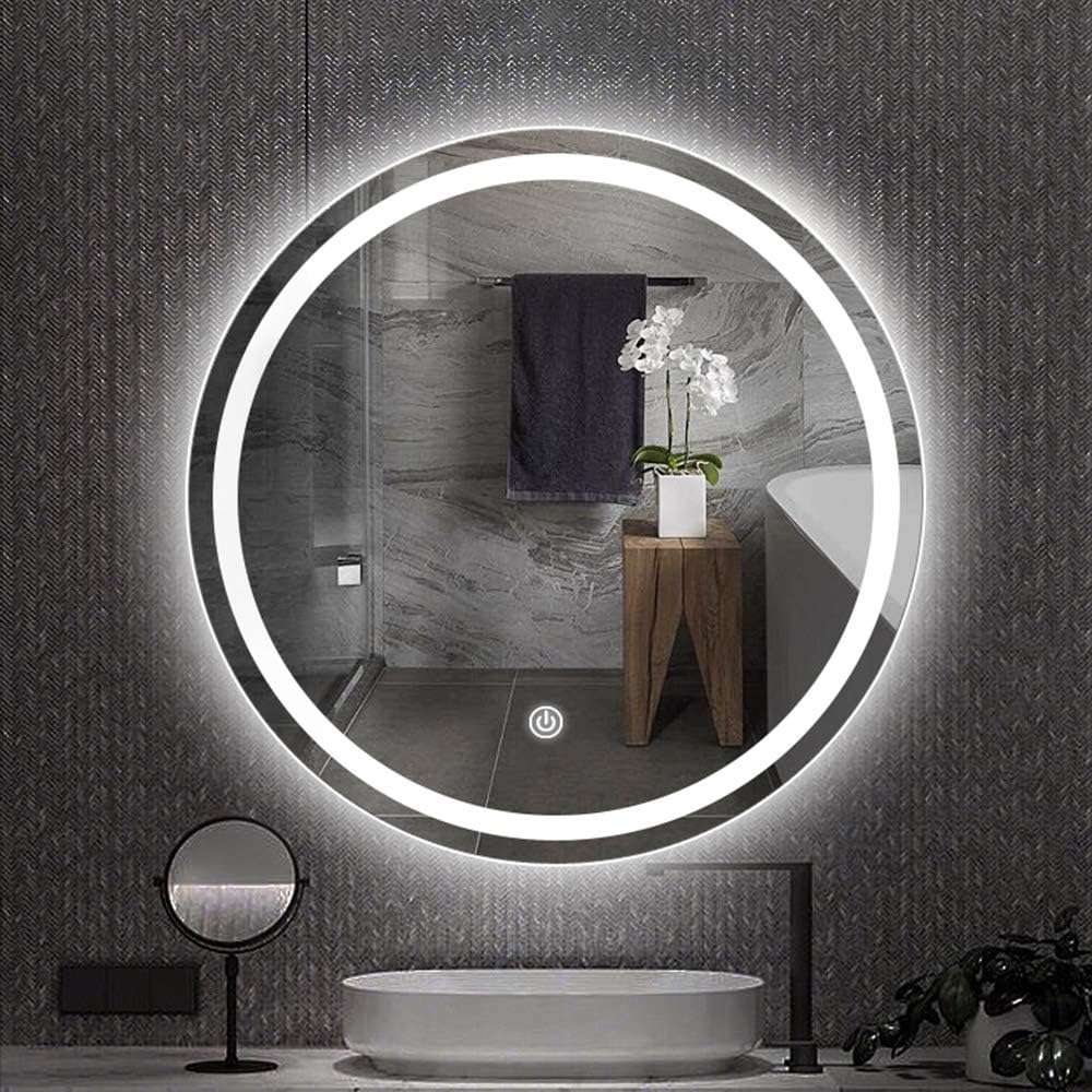 Specchio rotondo, lucido con illuminazione LED e pulsante touch – In saldo